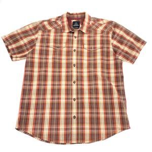 Prana shirt men XL orange brown plaid short sleeve shirt organic cotton outdoor